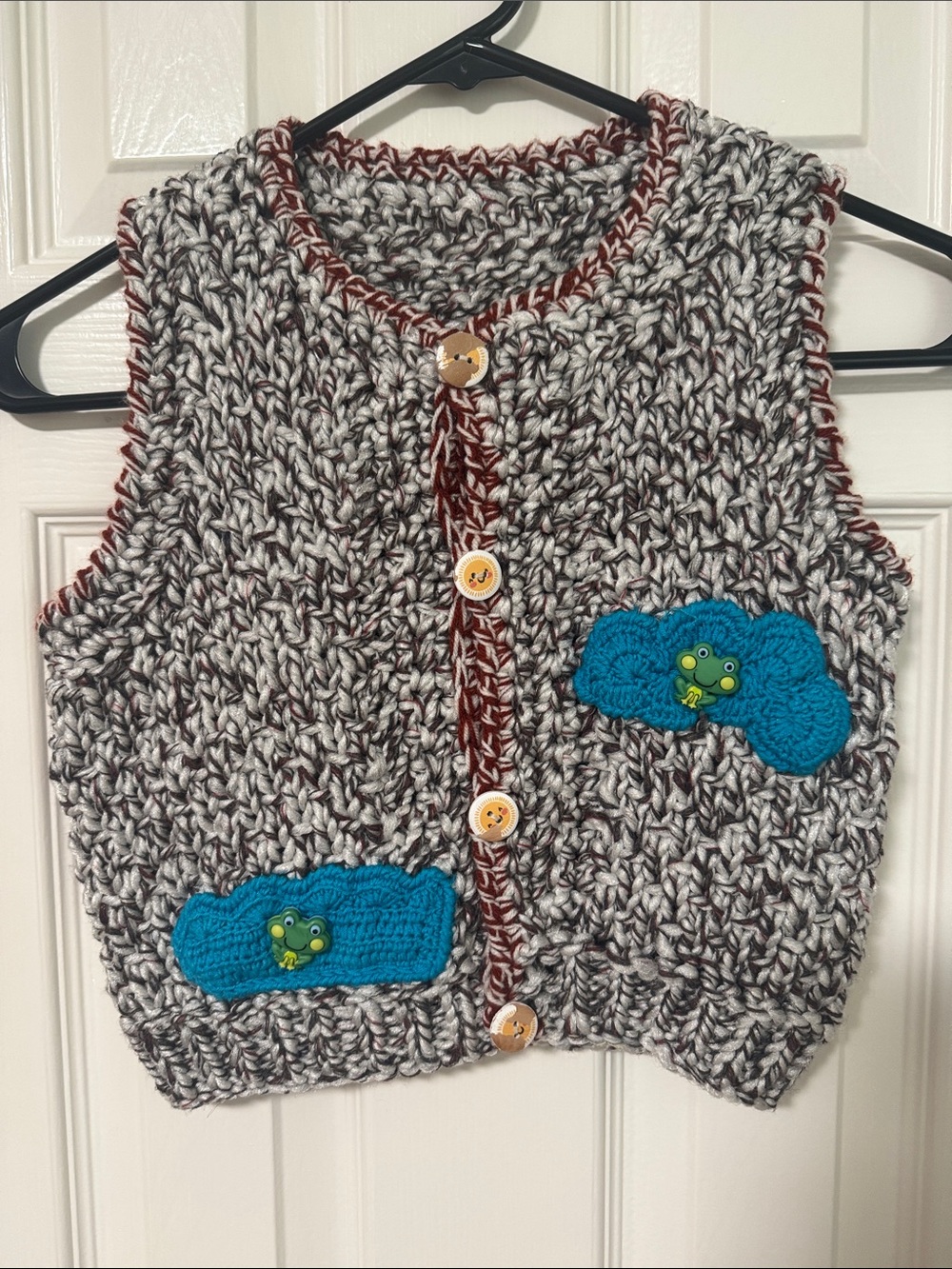 Handmade Marled Gray & White Knit Vest with Teal Frog Appliqués